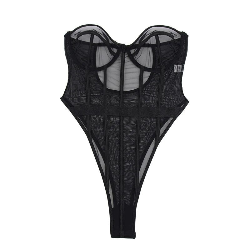Body senza spalline in rete semi-trasparente con cuciture verticali