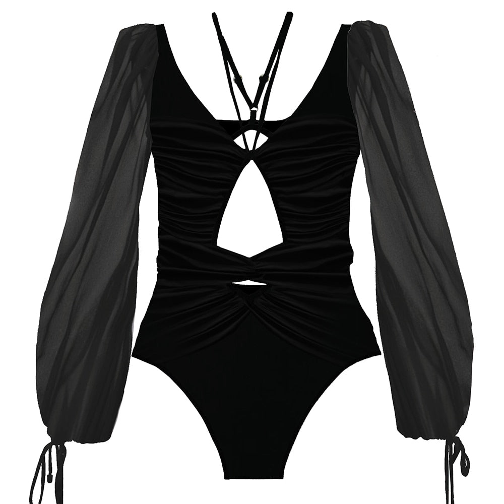 Costume da bagno intero con maniche in rete a palloncino e dettagli seducenti