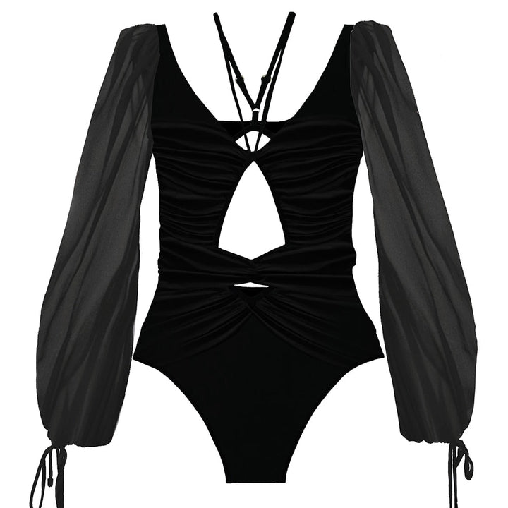 Costume da bagno intero con maniche in rete a palloncino e dettagli seducenti