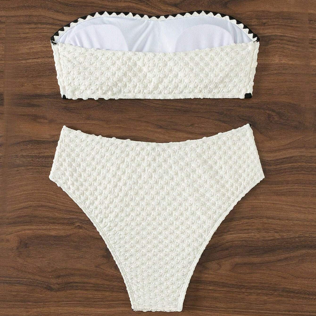 Costume da bagno bandeau in tessuto strutturato vita alta con finitura contrastante