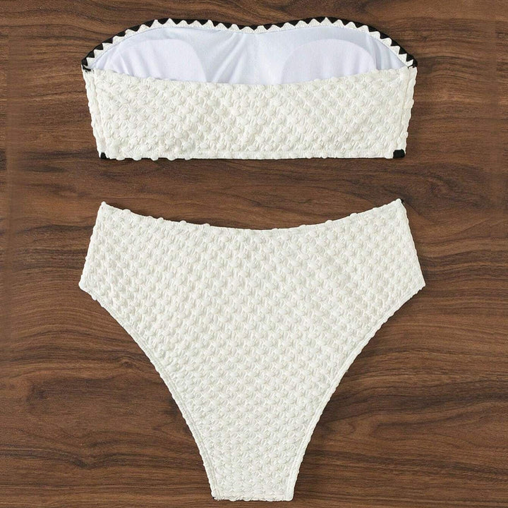 Costume da bagno bandeau in tessuto strutturato vita alta con finitura contrastante
