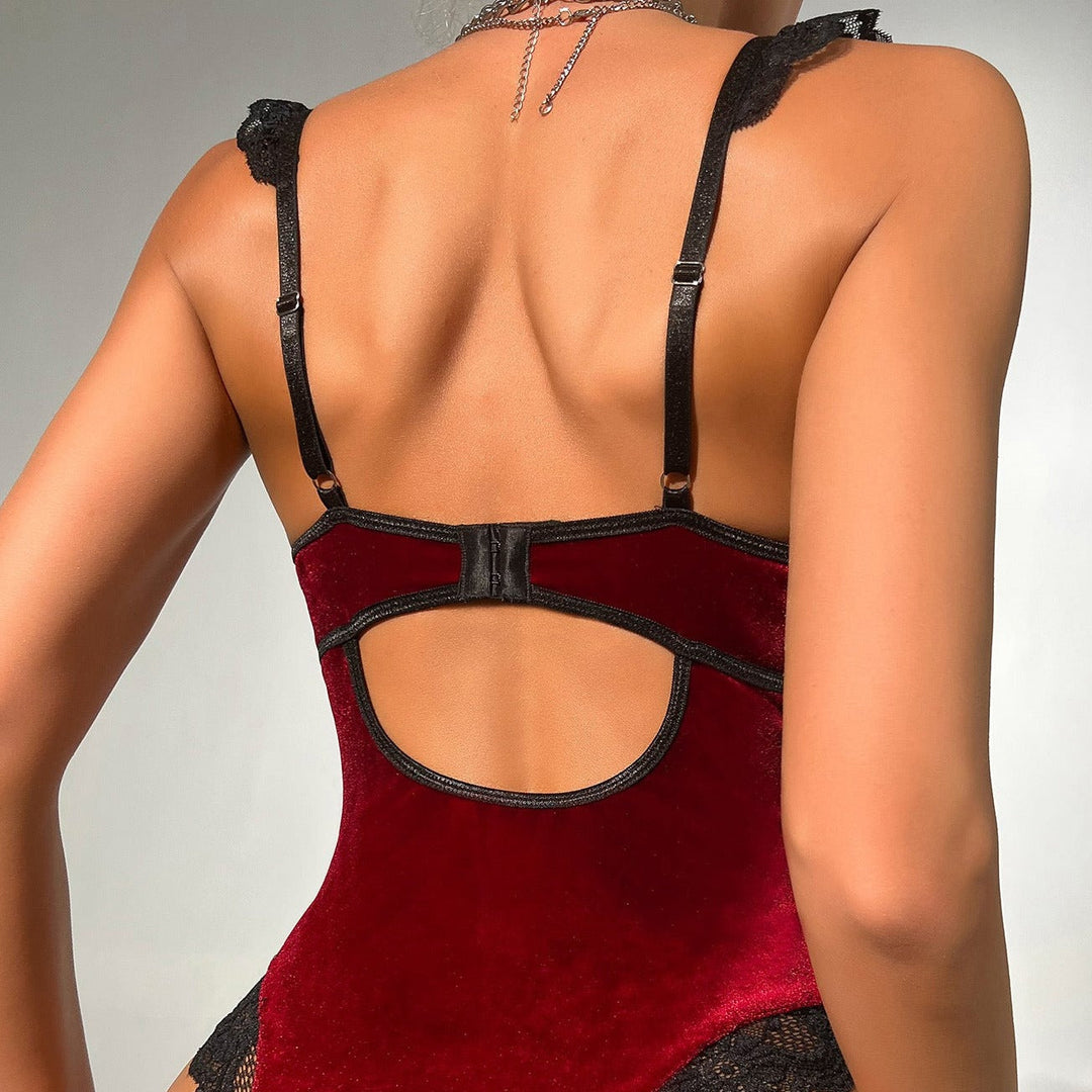 Body in velluto con inserto in pizzo