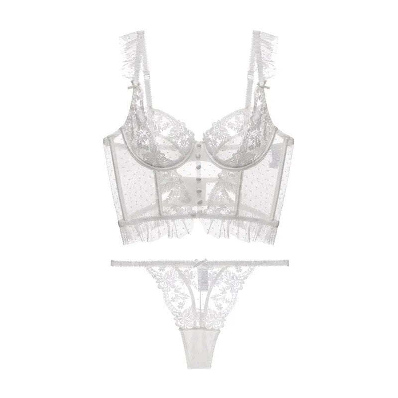 Completo intimo con reggiseno bustier e ricamo floreale