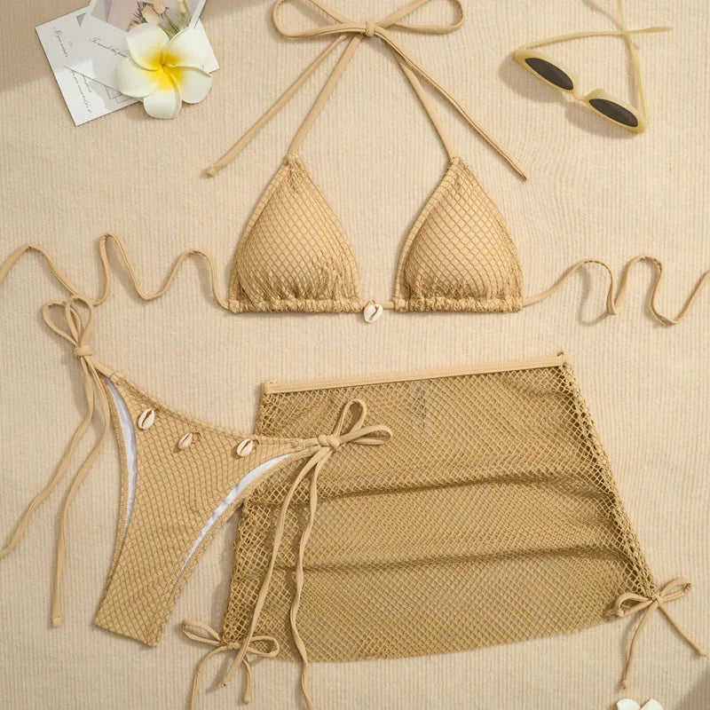 Set bikini 3 pezzi con gonna in rete