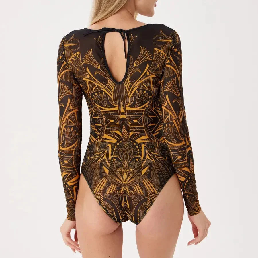 Costume da bagno intero con manica lunga e motivo orientale