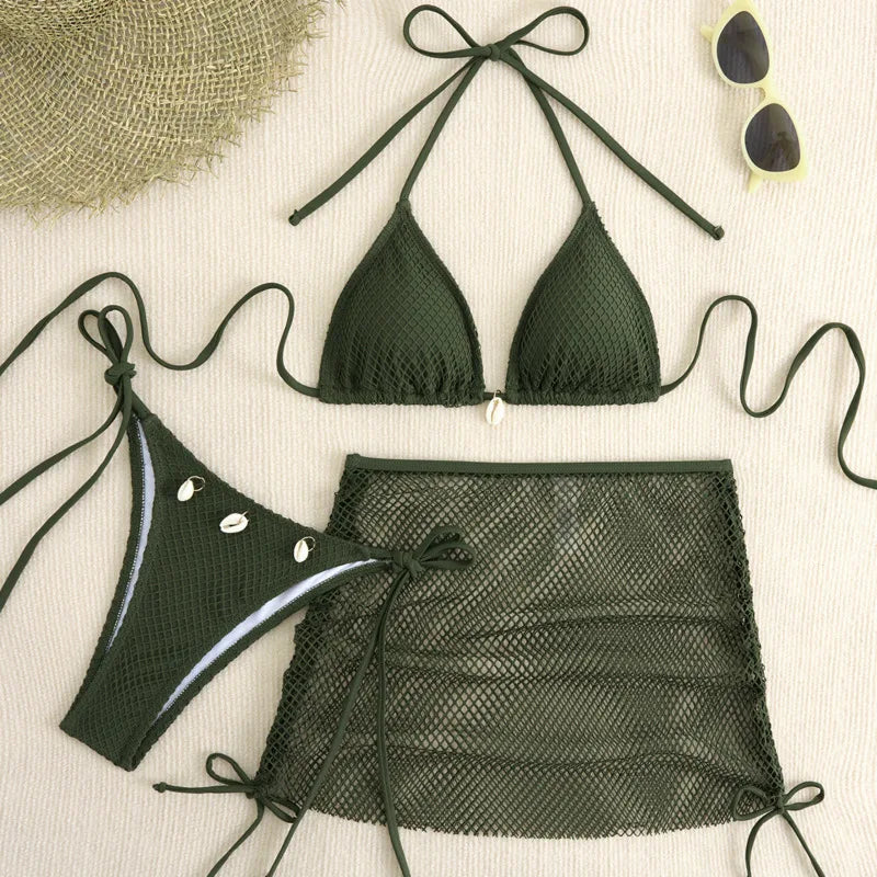 Set bikini 3 pezzi con gonna in rete