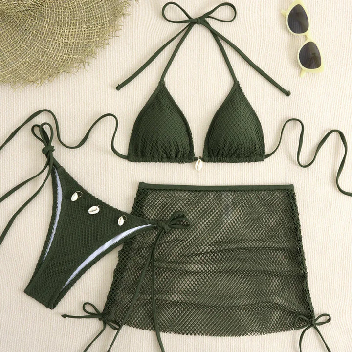 Set bikini 3 pezzi con gonna in rete