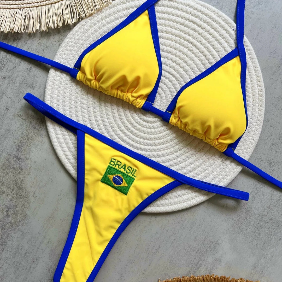 Bikini brasiliano 2 pezzi con coppe triangolari e ricamo motivo Brasil