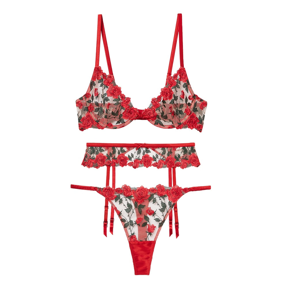 Set intimo 3 pezzi in pizzo con rose