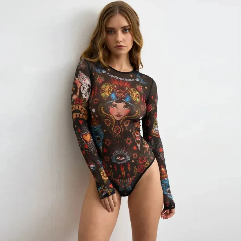 Costume da bagno intero con manica lunga e motivo orientale