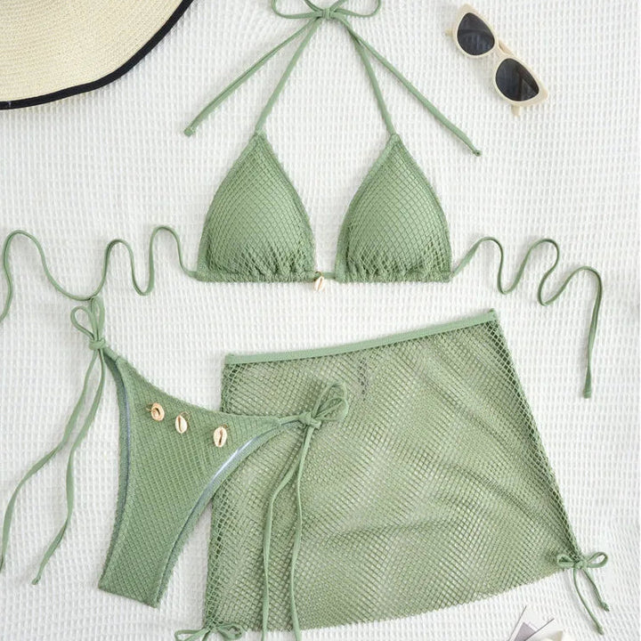 Set bikini 3 pezzi con gonna in rete
