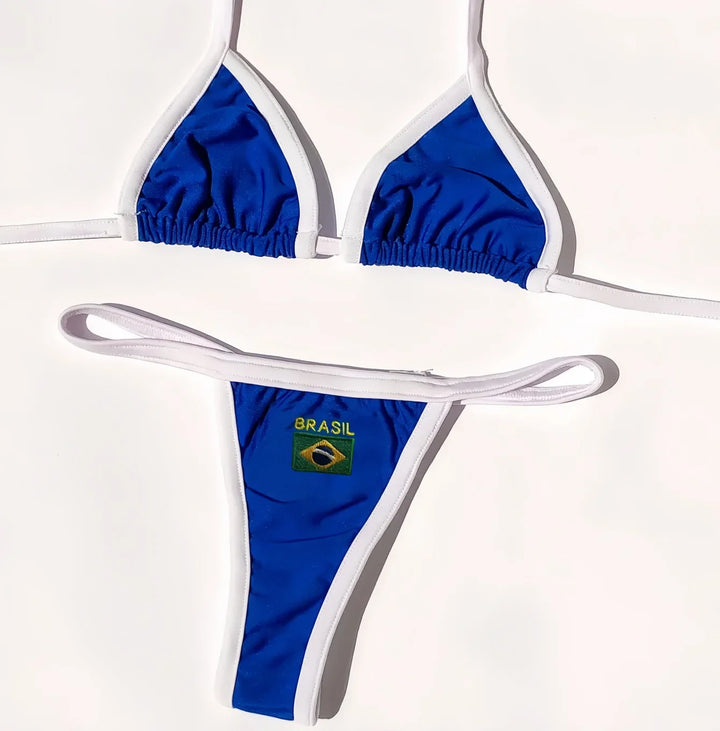 Bikini brasiliano 2 pezzi con coppe triangolari e ricamo motivo Brasil