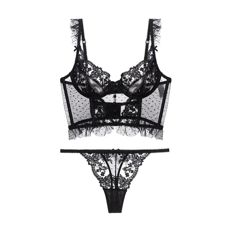 Completo intimo con reggiseno bustier e ricamo floreale