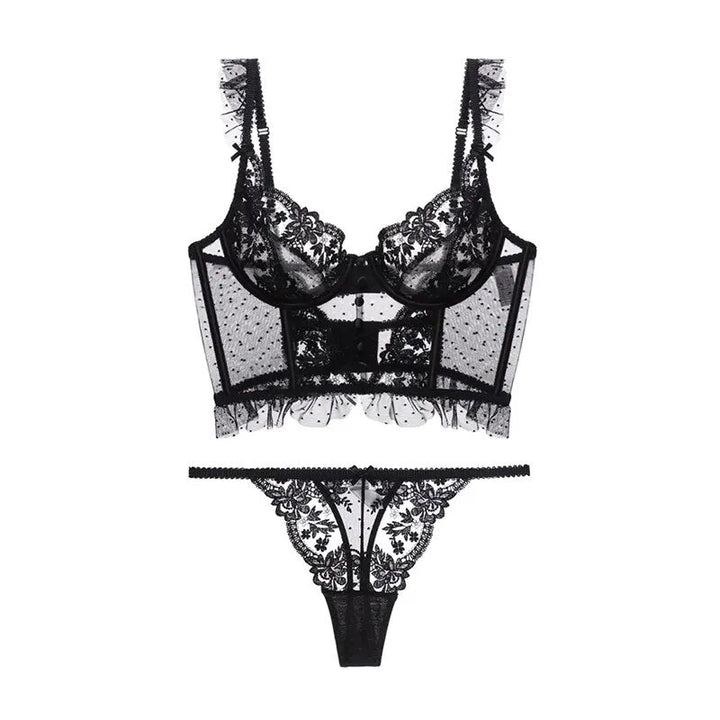 Completo intimo con reggiseno bustier e ricamo floreale