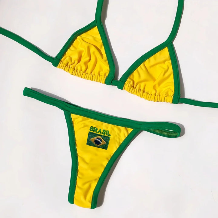 Bikini brasiliano 2 pezzi con coppe triangolari e ricamo motivo Brasil