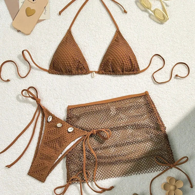Set bikini 3 pezzi con gonna in rete