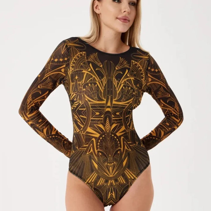 Costume da bagno intero con manica lunga e motivo orientale