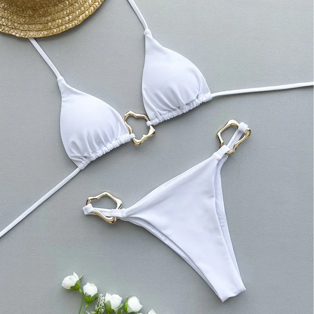 Costume da bagno 2 pezzi con coppe triangolari e fibbie oro