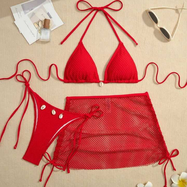 Set bikini 3 pezzi con gonna in rete