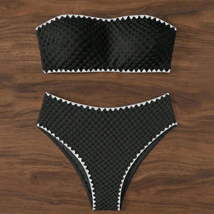 Costume da bagno bandeau in tessuto strutturato vita alta con finitura contrastante