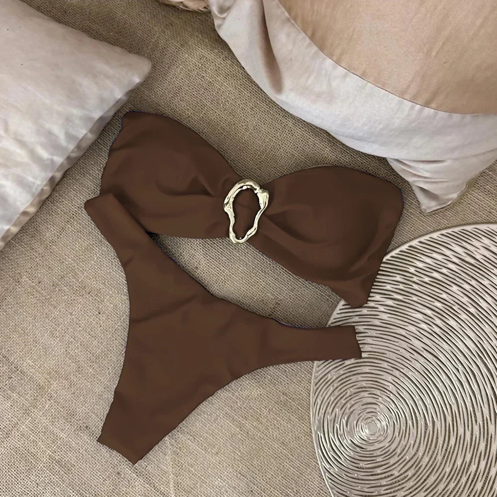 Costume da bagno bandeau due pezzi con fibbia gioiello