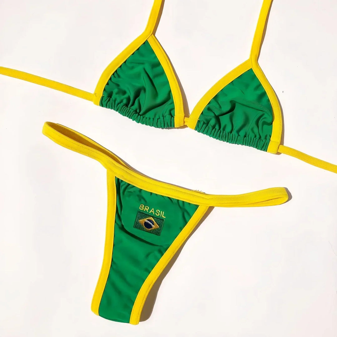 Bikini brasiliano 2 pezzi con coppe triangolari e ricamo motivo Brasil