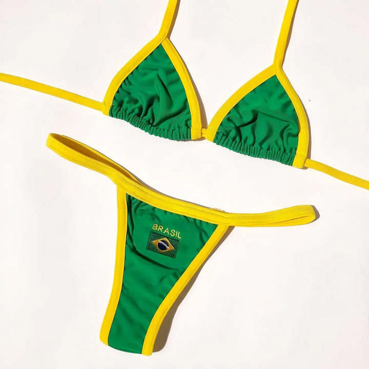Bikini brasiliano 2 pezzi con coppe triangolari e ricamo motivo Brasil