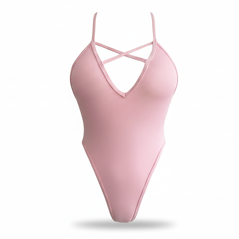 Costume da bagno intero con scollo a V, cinghie incrociate e struttura rigata