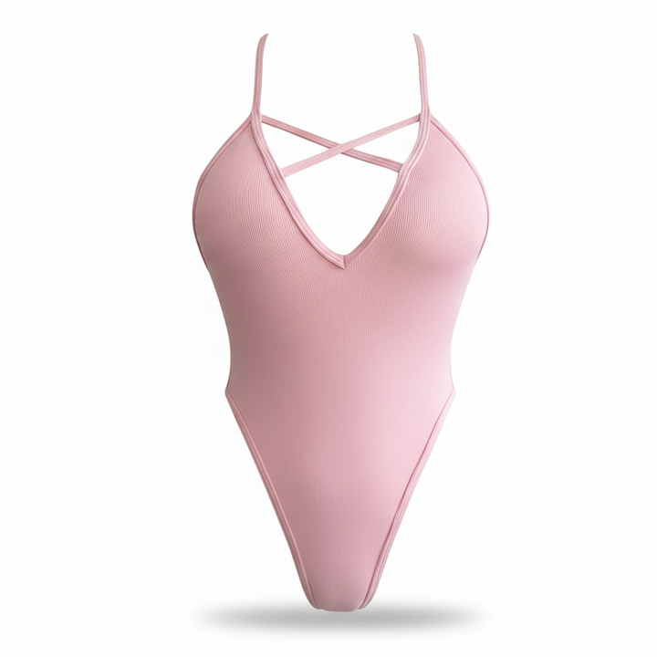 Costume da bagno intero con scollo a V, cinghie incrociate e struttura rigata