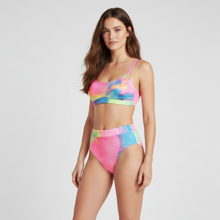 Costume da bagno a due pezzi tie-dye vita alta con trama goffrata