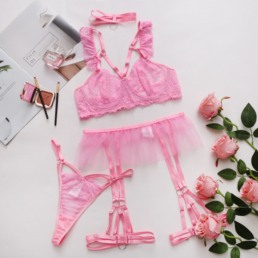 Completo intimo 3 pezzi con balza e righe decorative