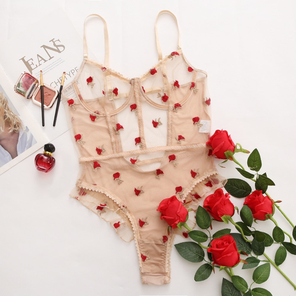 Body in rete fantasia rose con balza
